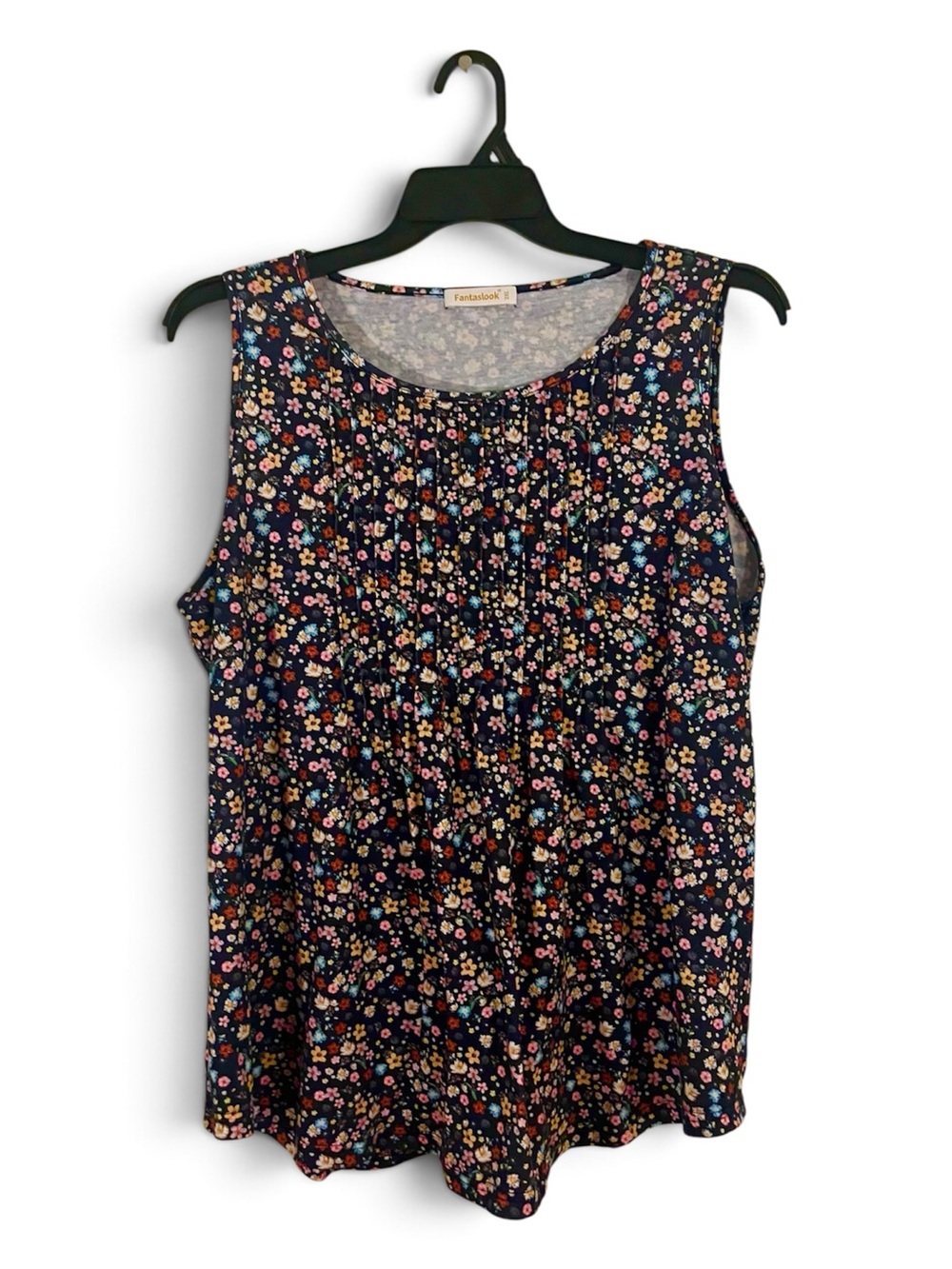 Fantaslook Navy Multicolor Ditsy Floral Pintuck Sleeveless Blouse, Size 2XL